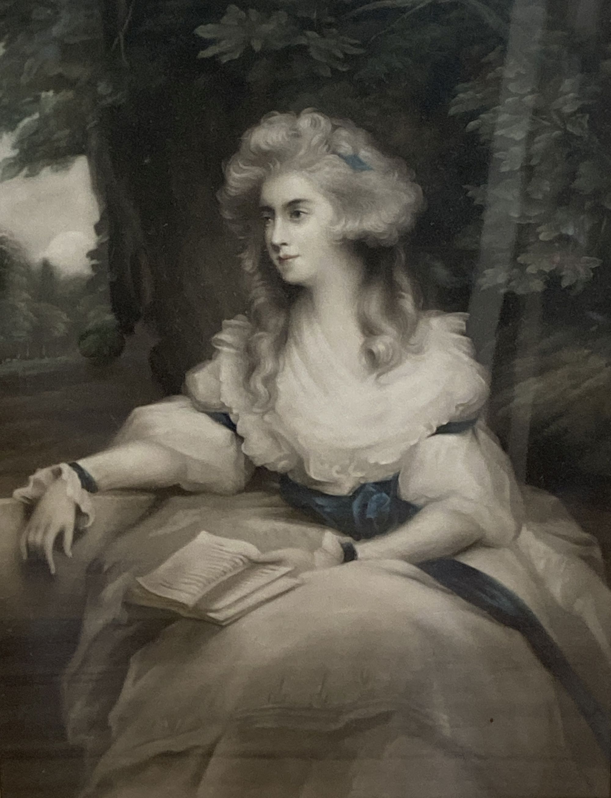 A pair of early 20th century coloured mezzotint portraits of 18th century ladies, 45 x 33cm